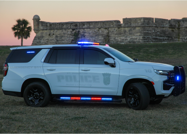 St. Augustine Police marked patrol vehicle #10 parked next to the Plaza de Constitution in evening during the sunset.